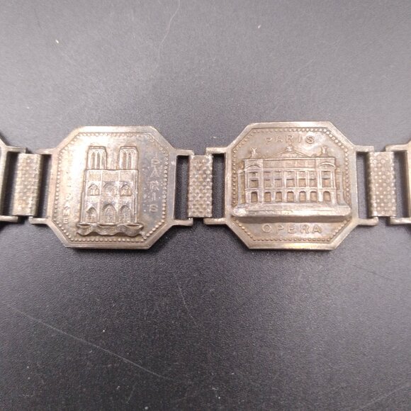 Vintage Silver Tone Paris Metal Enamel Link Panel Bracelet Souvenir  8” - Picture 4 of 8